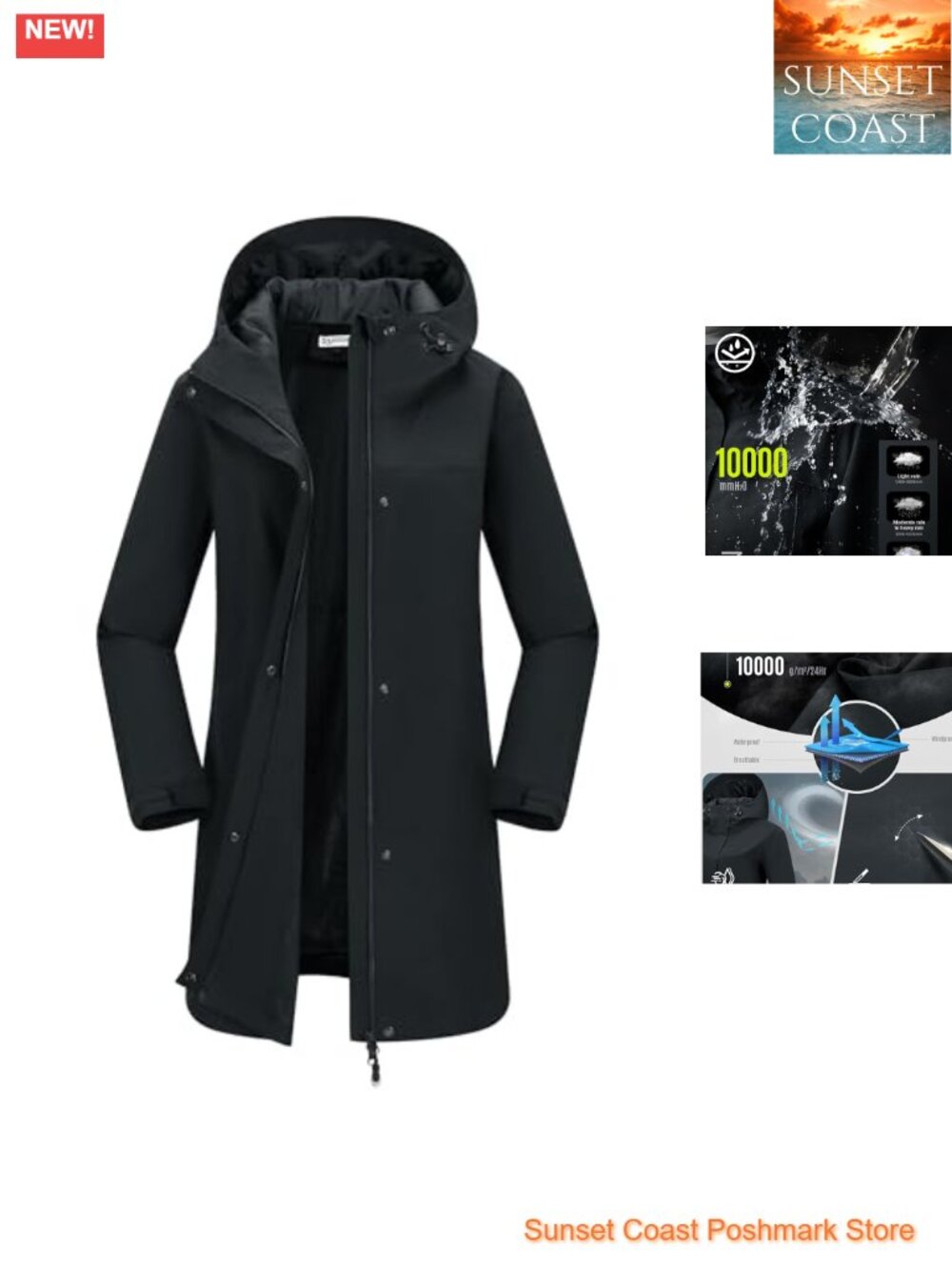 Women's Waterproof Long Rain Jacket Hooded Lightweight Trench Coat
